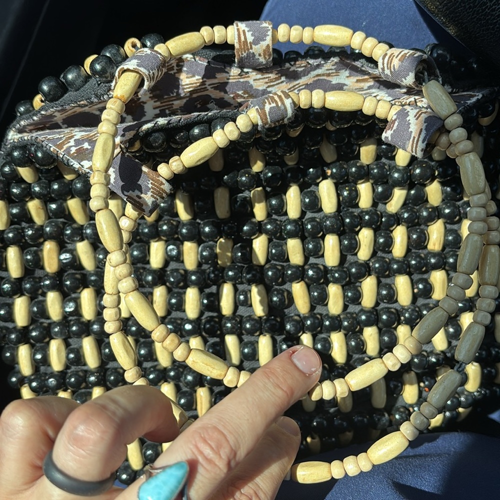 Anthropologie Black and Tan Beaded Bag with beaded handle - Picture 4 of 4